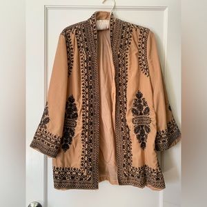 Zara velvet kimono, pink with navy embroidery.